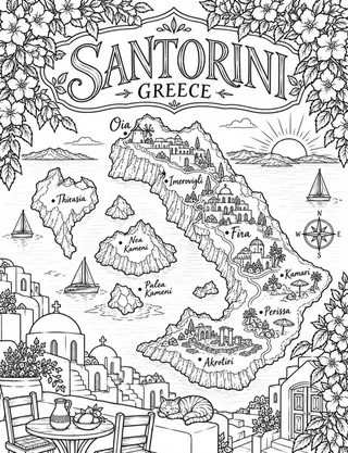 Illustrated travel map of Santorini landmarks and attractions