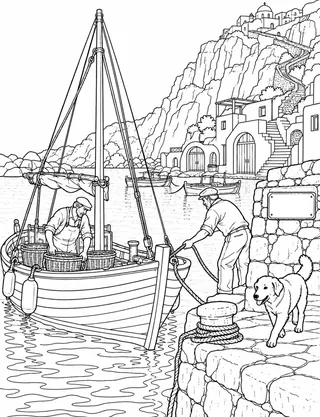 Detailed coloring page of Ammoudi Caique Landing featuring Ammoudi sign