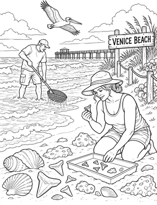Detailed coloring page of Venice shark tooth hunt featuring Venice Beach sign