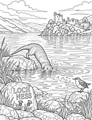 Detailed coloring page of Loch Ness Otter and Urquhart Castle featuring Loch Ness sign