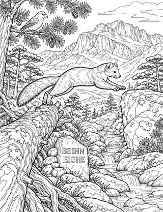 Detailed coloring page of Beinn Eighe Pine Marten in Ancient Pinewood featuring Beinn Eighe sign