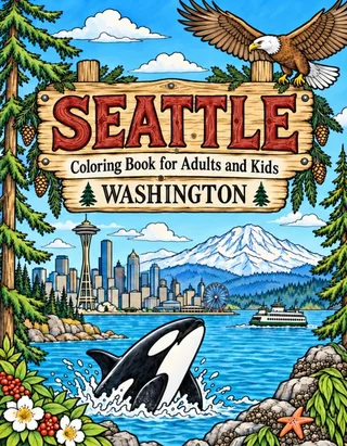 Seattle Coloring Book for Adults cover illustration by Louisa May Carson