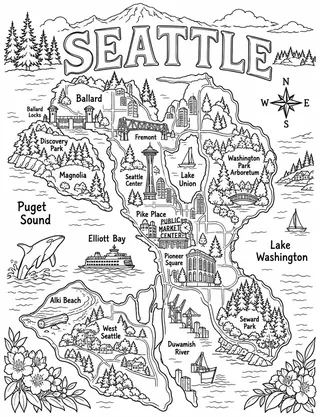 Illustrated travel map of Seattle landmarks and attractions