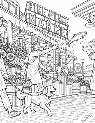 Detailed coloring page of Pike Place Market