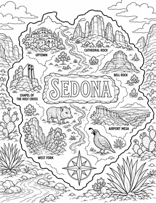 Illustrated travel map of Sedona landmarks and attractions