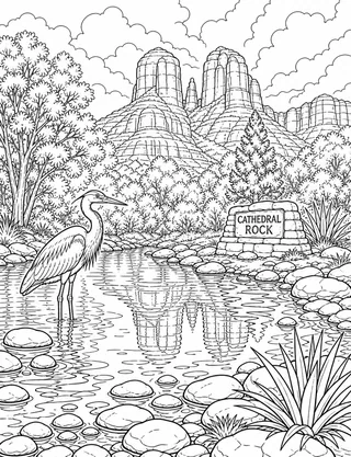 Cathedral Rock Sedona coloring page with detailed line art