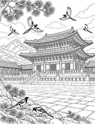 Detailed coloring page of Gyeongbokgung palace court with magpies