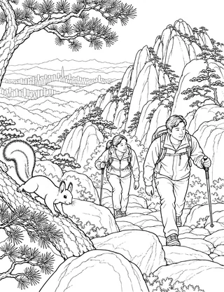 Detailed coloring page of Bukhansan granite ridge hike