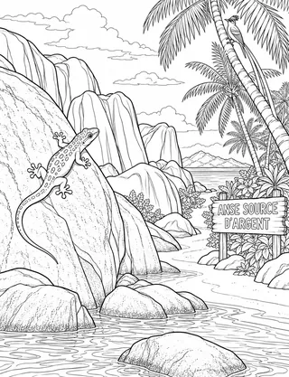 Detailed coloring page of Anse Source d'Argent Granite Lagoon featuring Anse Source D sign