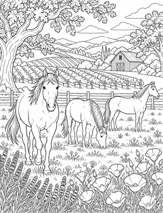Detailed coloring page of Vineyard oak pasture horses