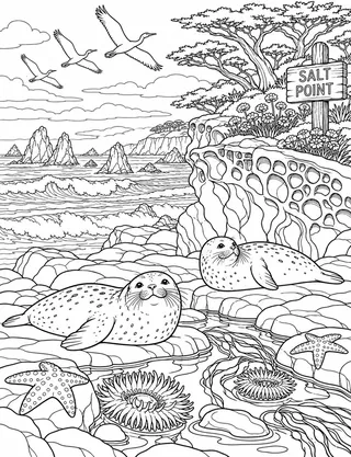 Detailed coloring page of Salt point tafoni tide pools featuring Salt Point sign