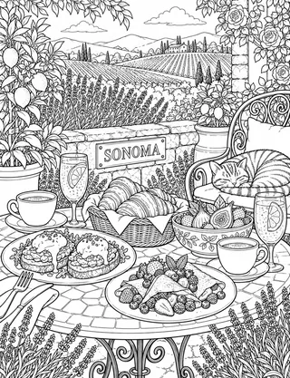 Detailed coloring page of Garden cafe brunch featuring Sonoma sign
