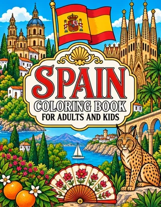 Spain Coloring Book for Adults cover illustration by Louisa May Carson