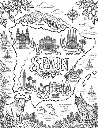 Illustrated travel map of Spain landmarks and attractions