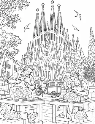 Detailed coloring page of Ronda Puente Nuevo with soaring griffon vulture