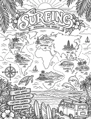 Illustrated travel map of Surfing landmarks and attractions