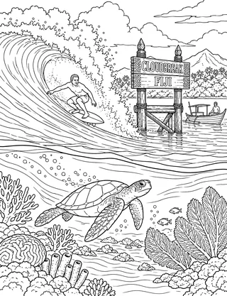 Detailed coloring page of Cloudbreak Fiji Reef Turtle featuring Cloudbreak — Fiji sign