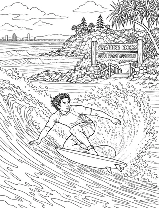 Detailed coloring page of Snapper Rocks Gold Coast Carve featuring Snapper Rocks sign