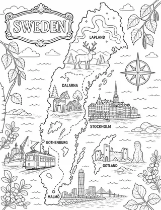 Illustrated travel map of Sweden landmarks and attractions