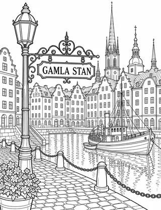 Detailed coloring page of Gamla Stan historic streetscape in Stockholm
