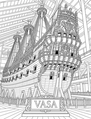 Detailed coloring page of the historic Vasa warship in Stockholm