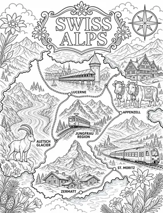 Illustrated travel map of Swiss Alps landmarks and attractions