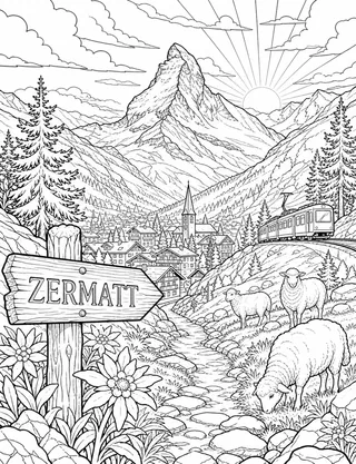 Detailed coloring page of Matterhorn Sunrise featuring Zermatt sign