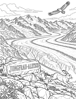 Detailed coloring page of Jungfrau-Aletsch Glacier