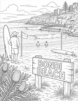 Detailed colouring page of Bondi Beach surf morning featuring Bondi Beach sign