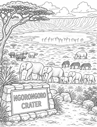 Detailed coloring page of High viewpoint into Ngorongoro Crater with caldera walls featuring Ngorongoro Crater sign
