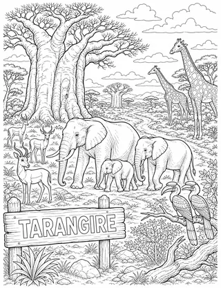 Detailed coloring page of Tarangire landscape dominated by ancient baobab trees featuring Tarangire sign