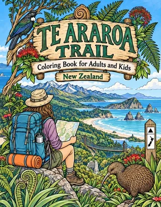 Te Araroa Coloring Book for Adults cover illustration by Louisa May Carson