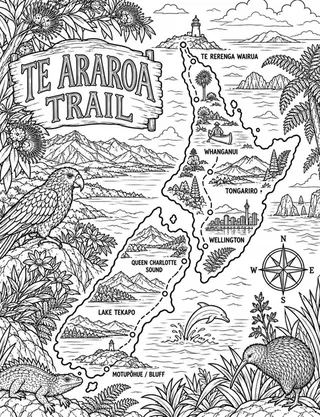 Illustrated travel map of Te Araroa landmarks and attractions