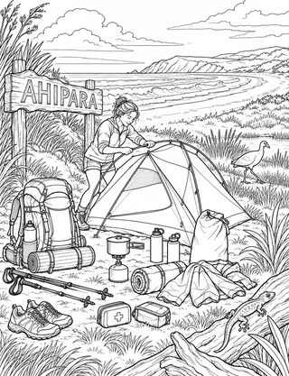 Detailed colouring page of Ahipara Camp Setup
