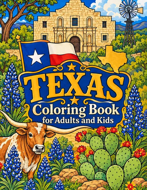 Texas Coloring Book for Adults cover illustration by Louisa May Carson
