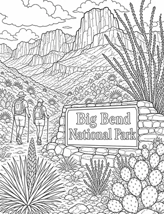 Detailed coloring page of Texas_05 featuring Big Bend National Park sign