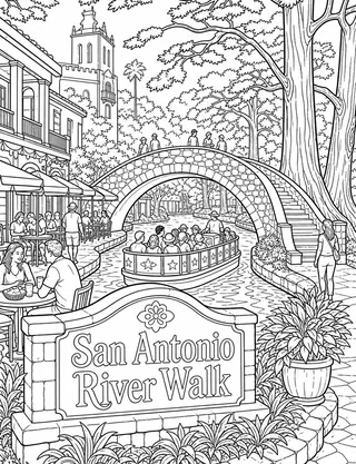 Detailed coloring page of Texas_07 featuring San Antonio River Walk sign