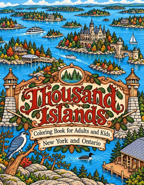 Thousand Islands Coloring Book for Adults cover illustration by Louisa May Carson