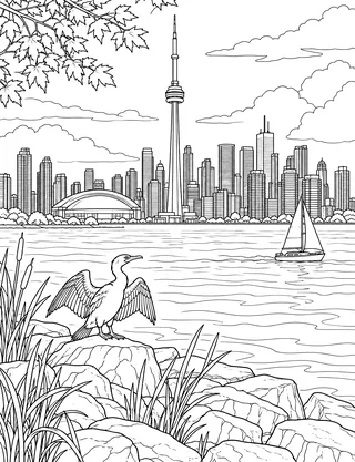 Detailed colouring page of Island-harbour skyline