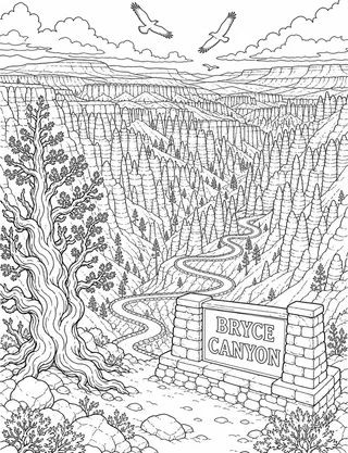 Detailed coloring page of Bryce Canyon hoodoo amphitheater featuring Bryce Canyon sign
