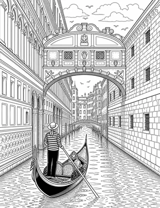 Detailed coloring page of Bridge of Sighs featuring Ponte Dei Sospiri sign