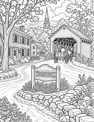 Detailed coloring page of Dramatic Quechee Gorge overlook and Ottauquechee River featuring Quechee Gorge sign