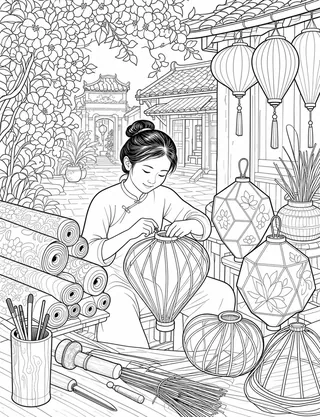 Detailed coloring page of Hoi An lantern-lit street and cultural market scene