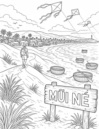 Detailed coloring page of Historic Vietnamese pagoda and landmark featuring Hanoi sign