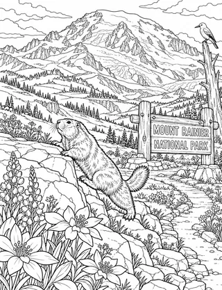 Detailed coloring page of Mount Rainier Paradise Marmot Scramble featuring Mount Rainier National Park sign