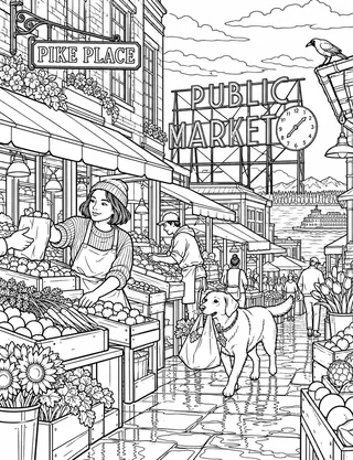 Detailed coloring page of Pike Place Historic Market Street featuring Pike Place sign