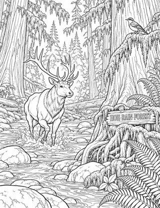 Detailed coloring page of Hoh Rain Forest Elk Creek Crossing featuring Hoh Rain Forest sign
