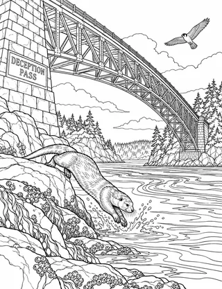 Detailed coloring page of Deception Pass Bridge Otter Launch featuring Deception Pass sign