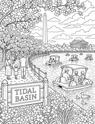 Detailed coloring page of Tidal Basin Cherry Blossoms featuring Tidal Basin sign