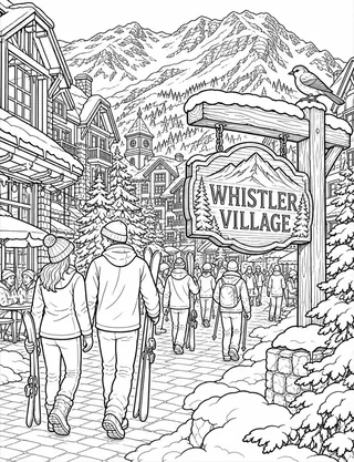 Detailed colouring page of Whistler Village Winter Stroll featuring Whistler Village sign